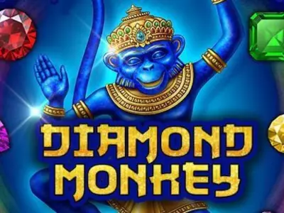 Diamond Monkey Schriftzug mit einem Affen und Edelsteinen im Hintergrund.