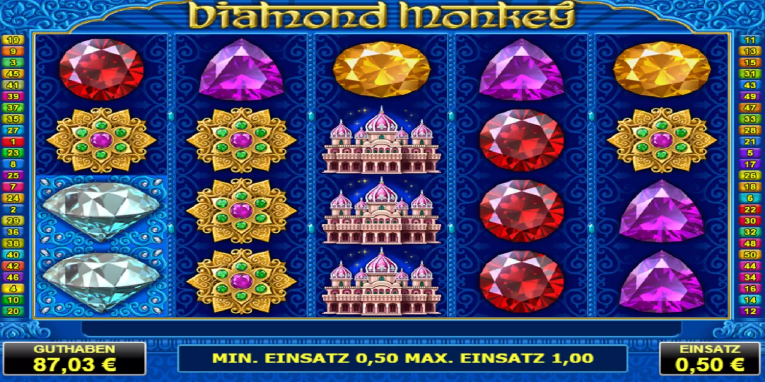 Das Diamond Monkey Spielfeld vor dem ersten Spin.