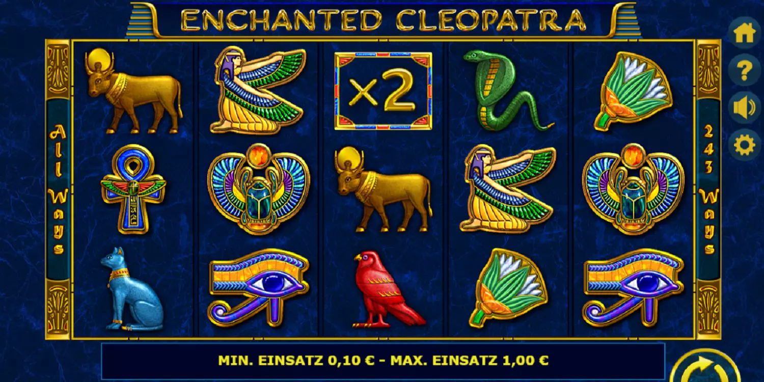 Das Enchanted Cleopatra Spielfeld vor dem ersten Spin.
