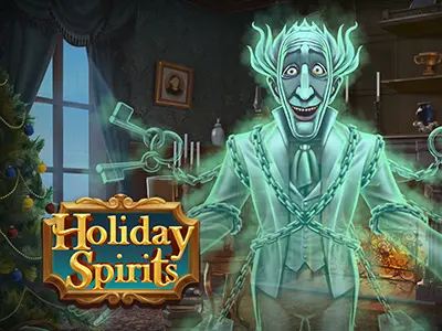 Der Geist des verrückten Professors in einem weihnachtlichen Zimmer mit Christbaum und Kamin, daneben der Schriftzug "Holiday Spirits"