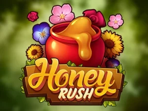 Honigtopf umgeben von Blumen und Schild mit Aufschrift "Honey Rush"