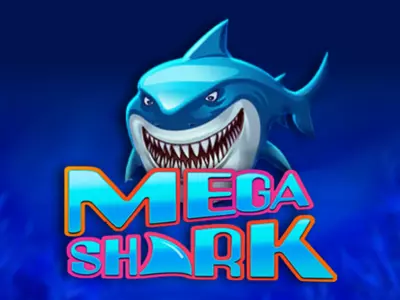 Hai grinst hinter dem Mega Shark Schriftzug