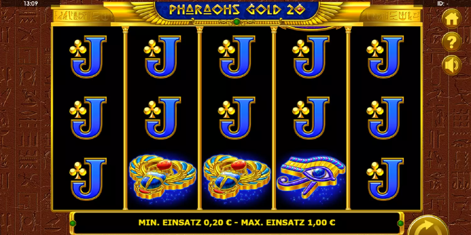 Das Pharaohs Gold 20 Spielfeld vor dem ersten Spin.