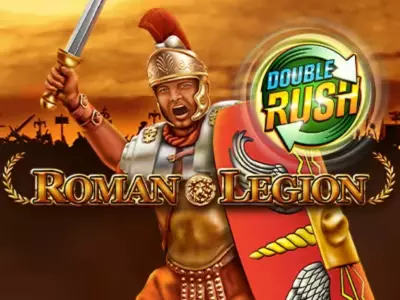 Roman Legion Double Rush Schriftzug mit einem Krieger im Hintergrund