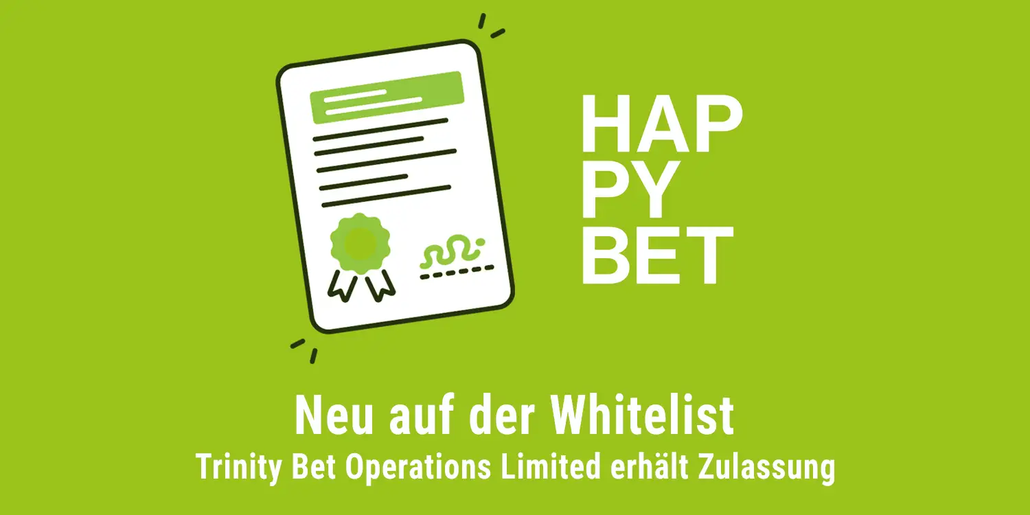 Logo von Happybet neben Illustration eines Zertifikats mit Siegel, darunter Text "Neu auf der Whitelist: Trinity Bet Operations Limited erhält Zulassung"
