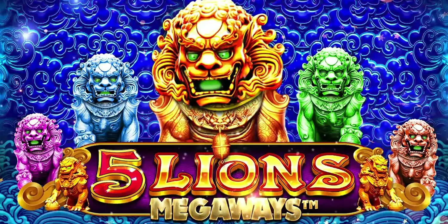 5 Löwenstatuen und Schriftzug "5 Lions Megaways"