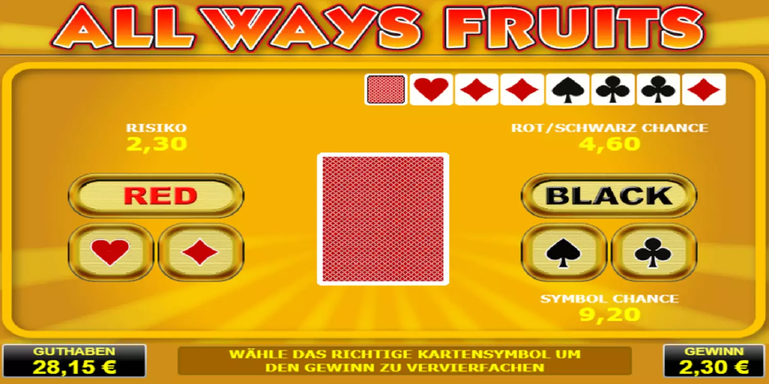 In der Gamble-Funktion von All Ways Fruits entscheidet man über die nächste Kartenfarbe und kann so seinen Gewinn verdoppeln. 
