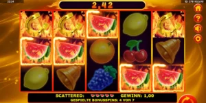 Mehrere Melonen- und Hufeisen-Symbole führen bei All Ways Hot Fruits im Freispiel zum Gewinn.