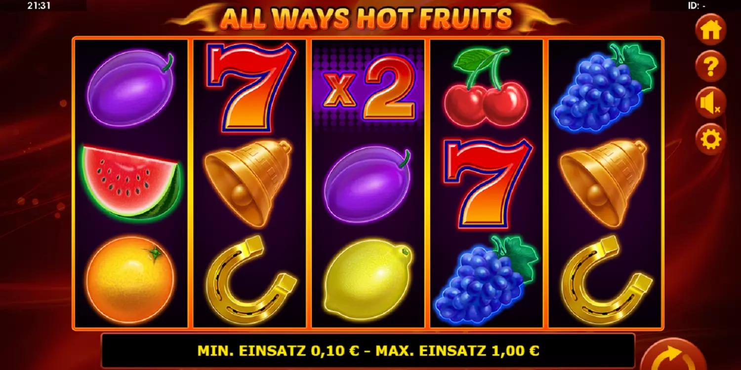 Das All Ways Hot Fruits Spielfeld vor dem ersten Spin.