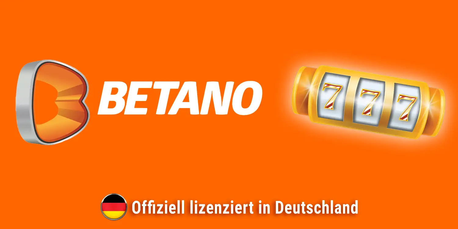 Das Betano-Logo neben einem einarmigen Banditen, darunter der Schriftzug "Offiziell lizenziert in Deutschland'