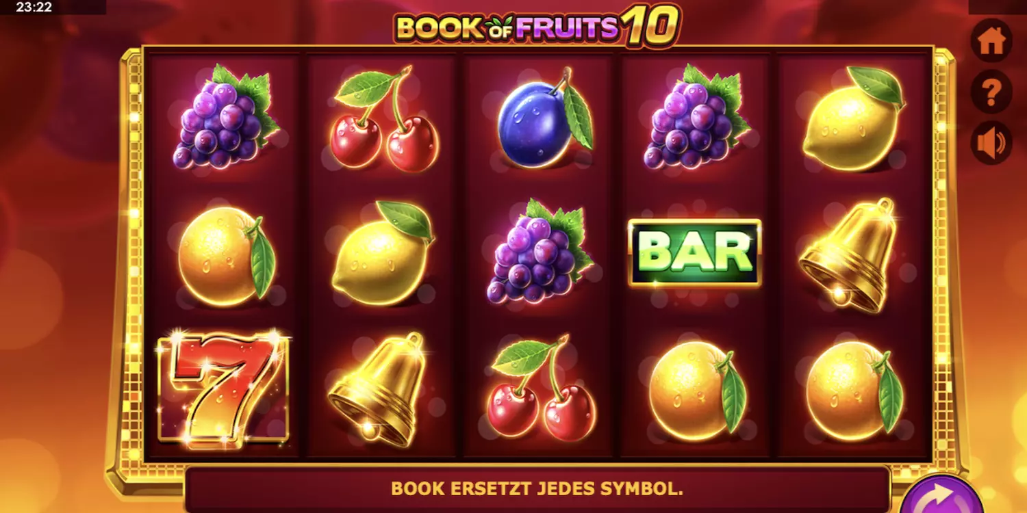 Das Book of Fruits 10 Spielfeld vor dem ersten Spin.