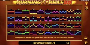 Eine Grafik zeigt, wie die 40 Gewinnlinien bei Burning Bells 40 auf dem Spielfeld verlaufen.