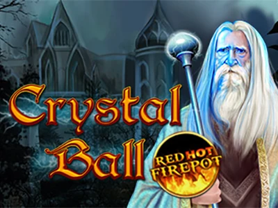 Magier mit langen weissen Haaren und Zauberstab in der Hand neben Schriftzug "Crystal Ball Red Hot Firepot"
