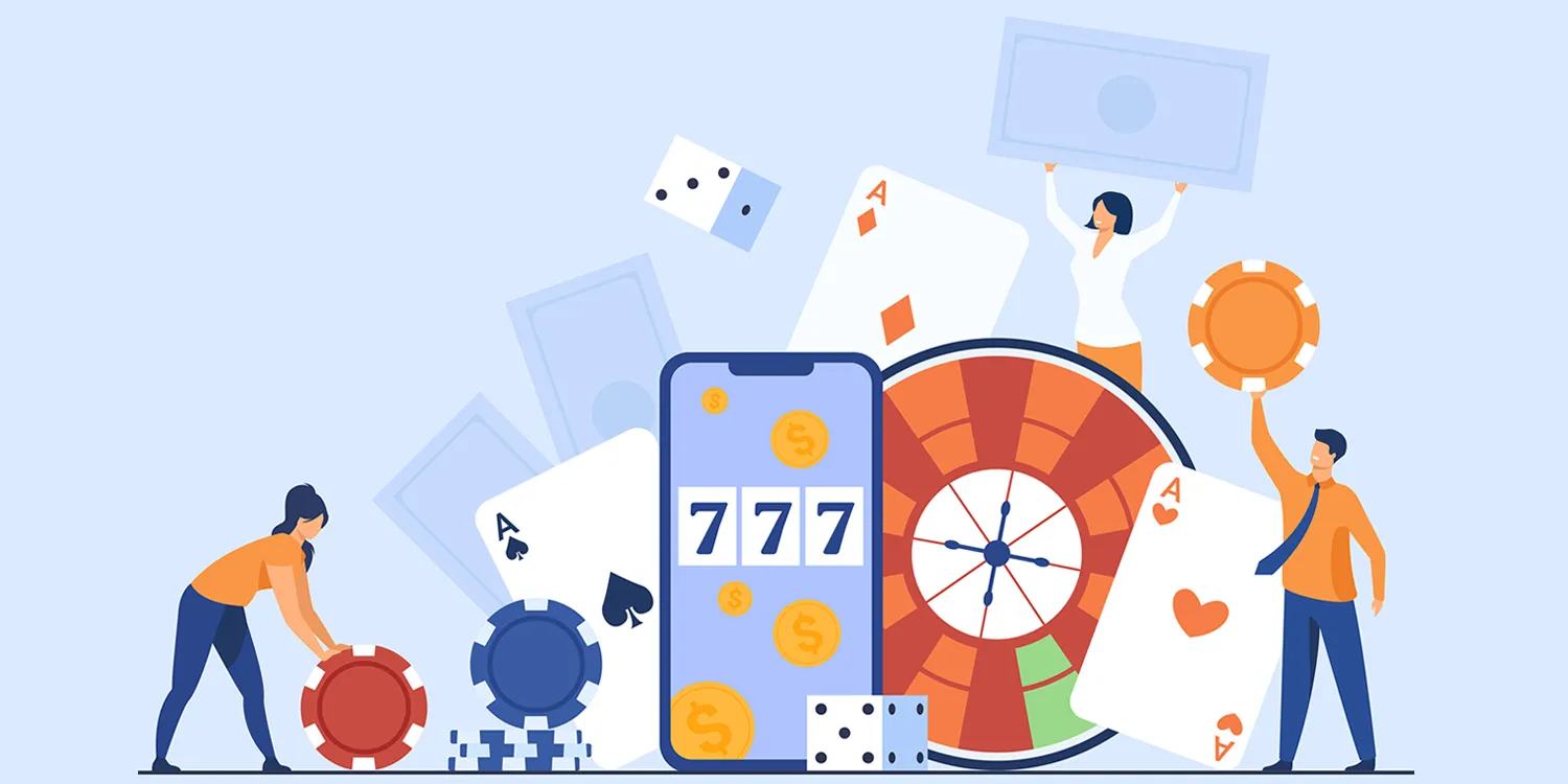 Illustration von Spielkarten, einem Slot auf einem Smartphone, einem Roulette-Rad, Würfeln, Pokerchips und 3 Spielern