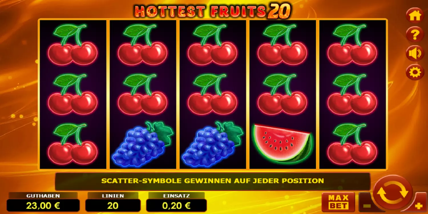 Das Hottest Fruits 20 Spielfeld vor dem ersten Spin.