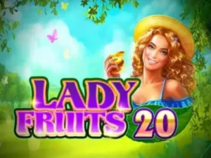 Lady Fruits 20 Schriftzug neben einer Frau im Grünen