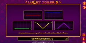 Eine Grafik zeigt, wie die 5 Gewinnlinien bei Lucky Joker 5 verlaufen.