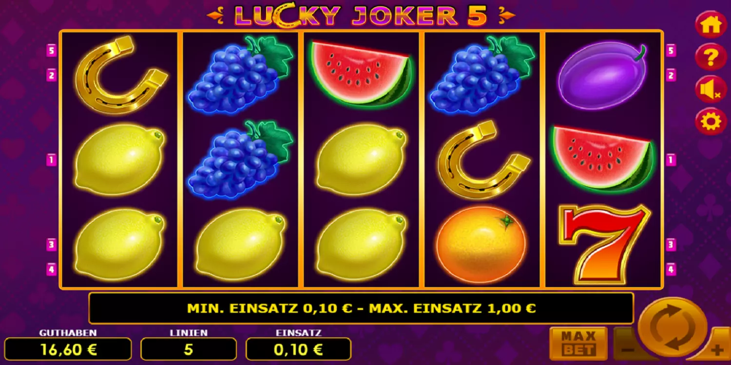 Das Lucky Joker 5 Spielfeld vor dem ersten Spin.