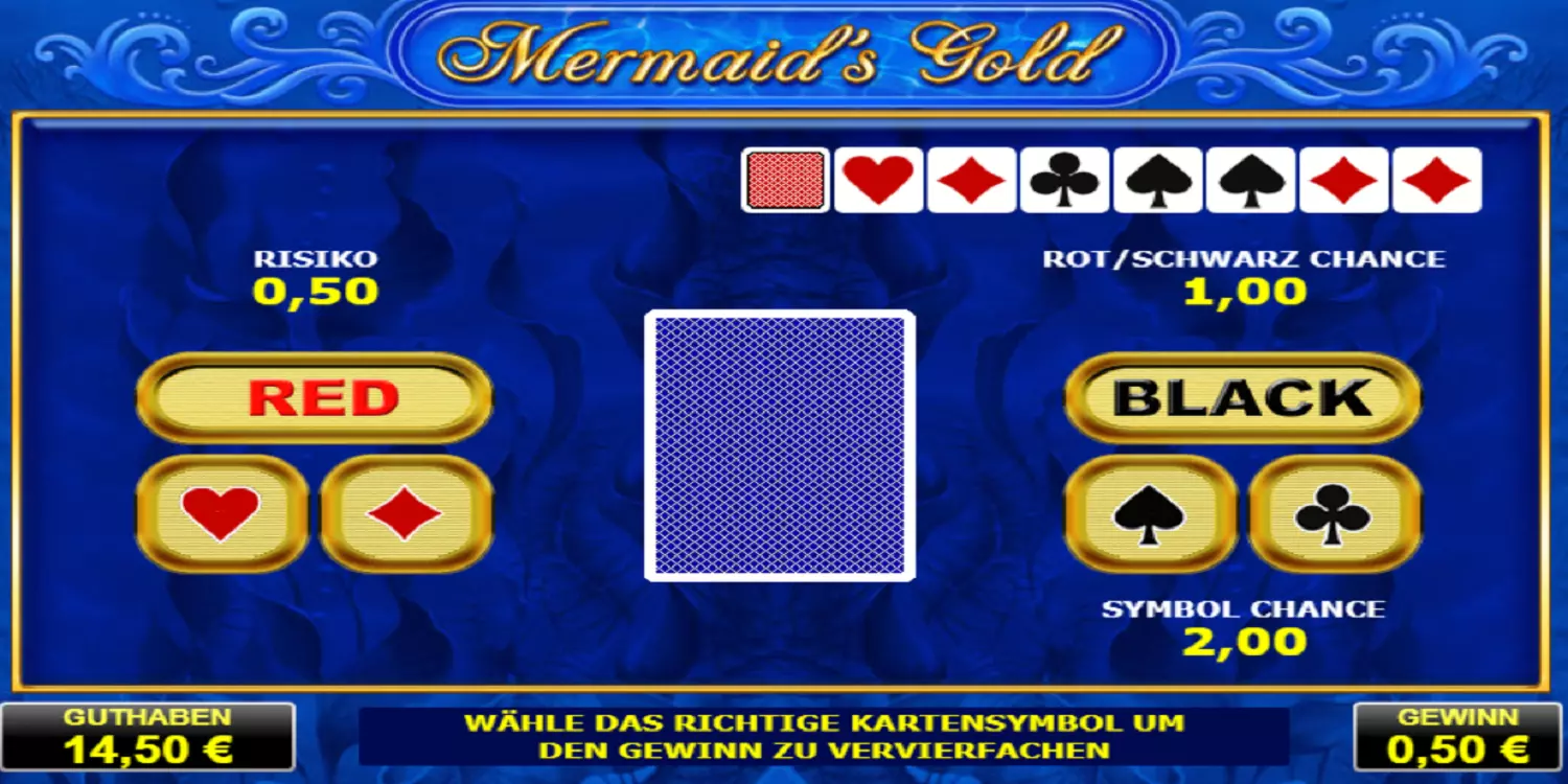 Bei der Mermaids Gold Gamble-Funktion muss die richtige Kartenfarbe erraten werden, um den Gewinn zu verdoppeln. 