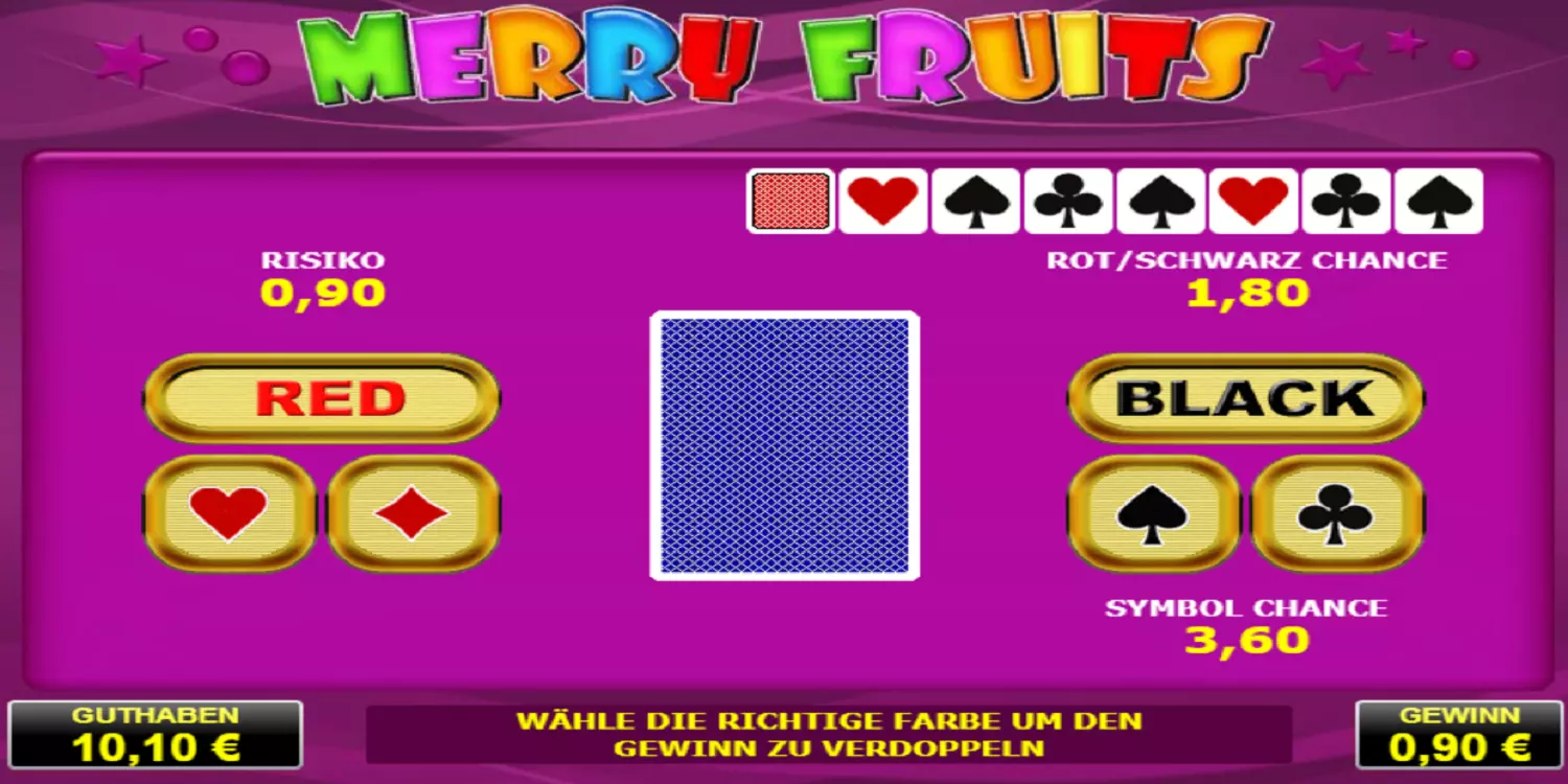 Bei der Gamble-Funktion von Merry Fruits muss man die nächste Kartenfarbe erraten um seinen Gewinn zu verdoppeln. 