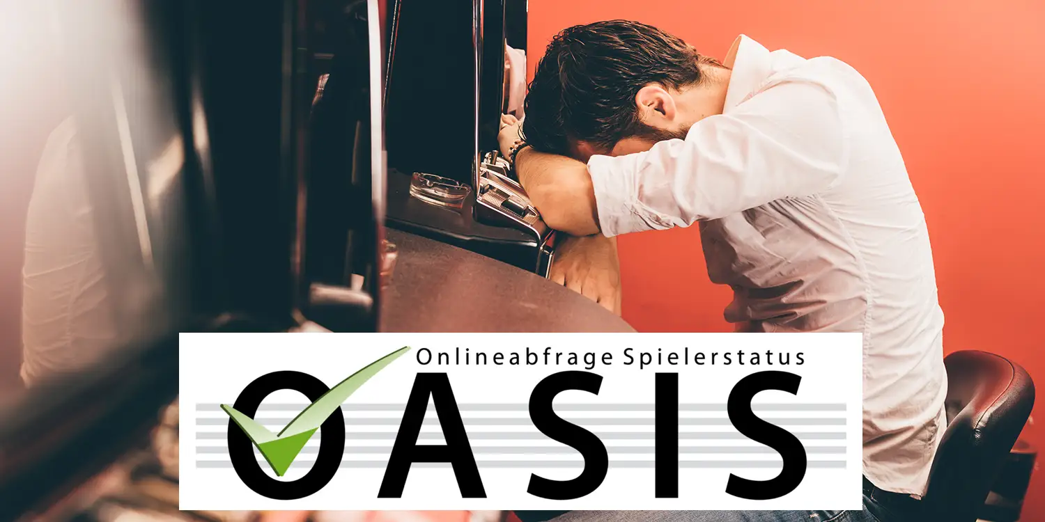 Mann stuetzt sich frustriert an einem Spielautomaten ab, darunter das Logo von "OASIS"