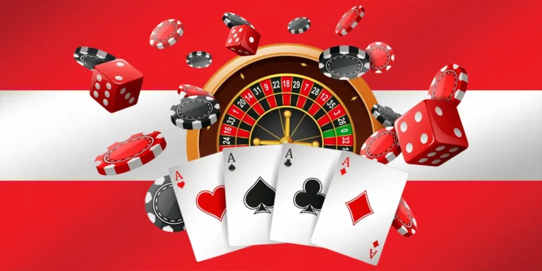 Roulette-Rad, Pokerchips, Spielkarten und Würfel mit österreichischer Fahne im Hintergrund