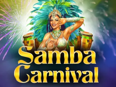 Samba Carnival Schriftzug mit einer Tänzerin im Hintergrund.