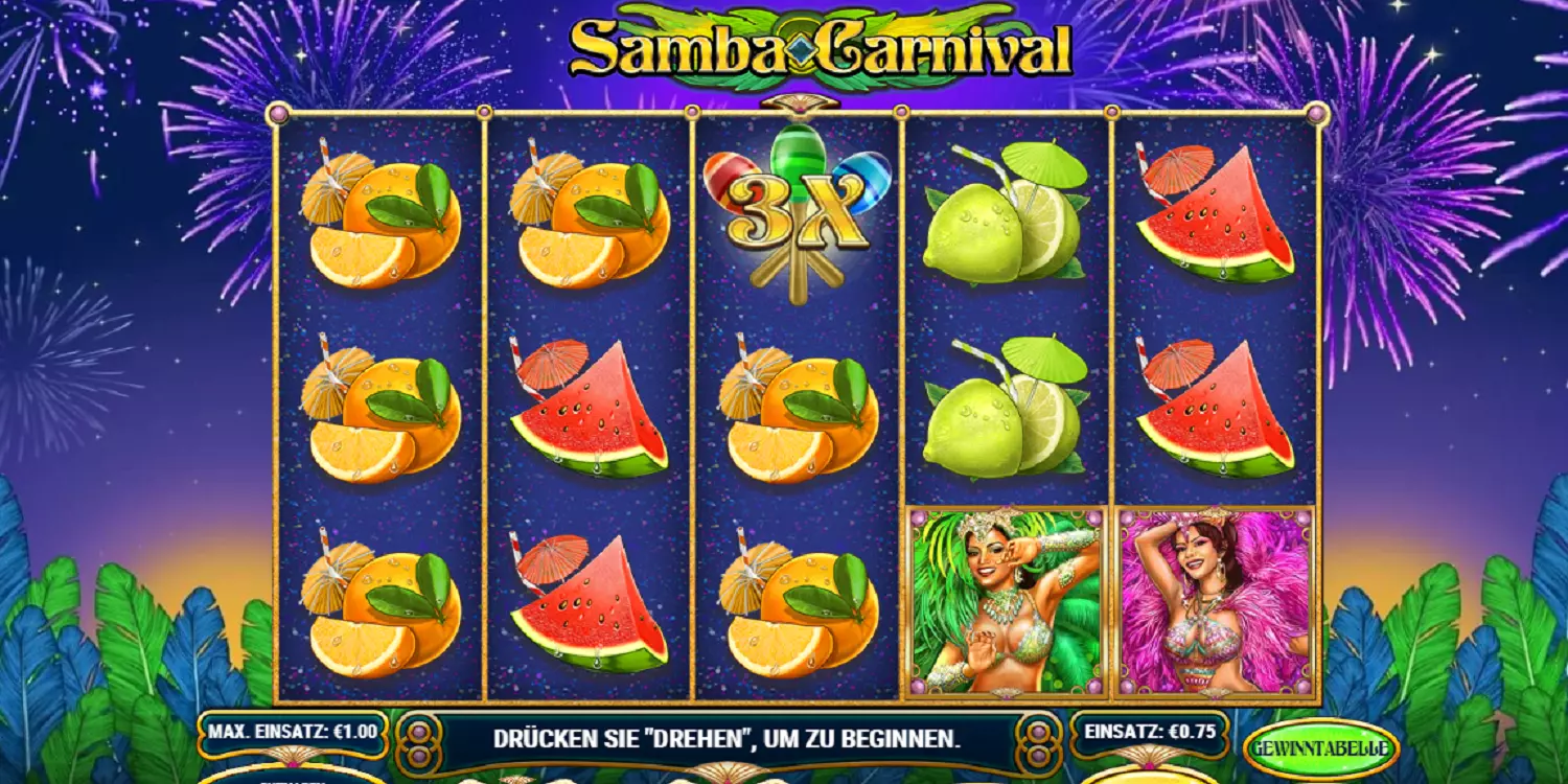 Das Samba Carnival Spielfeld vor dem ersten Spin.