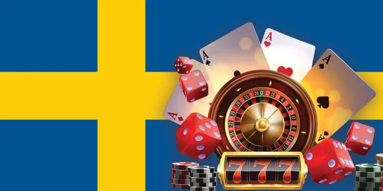 Pokerchips, Spielkarten, Roulette-Rad, Würfel und Slot vor schwedischer Flagge