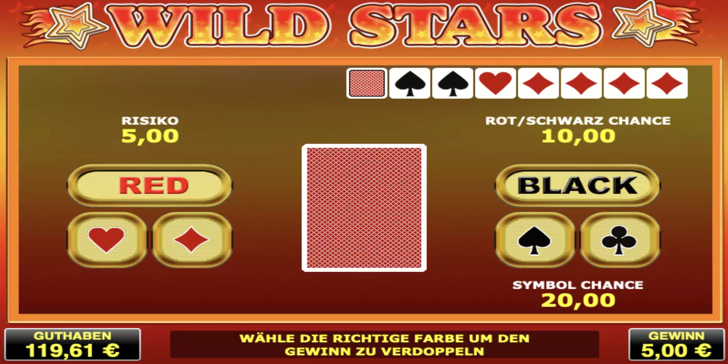 In der Wild Stars Gamble-Funktion muss die nächste Kartenfarbe erraten werden um den Gewinn zu verdoppeln.