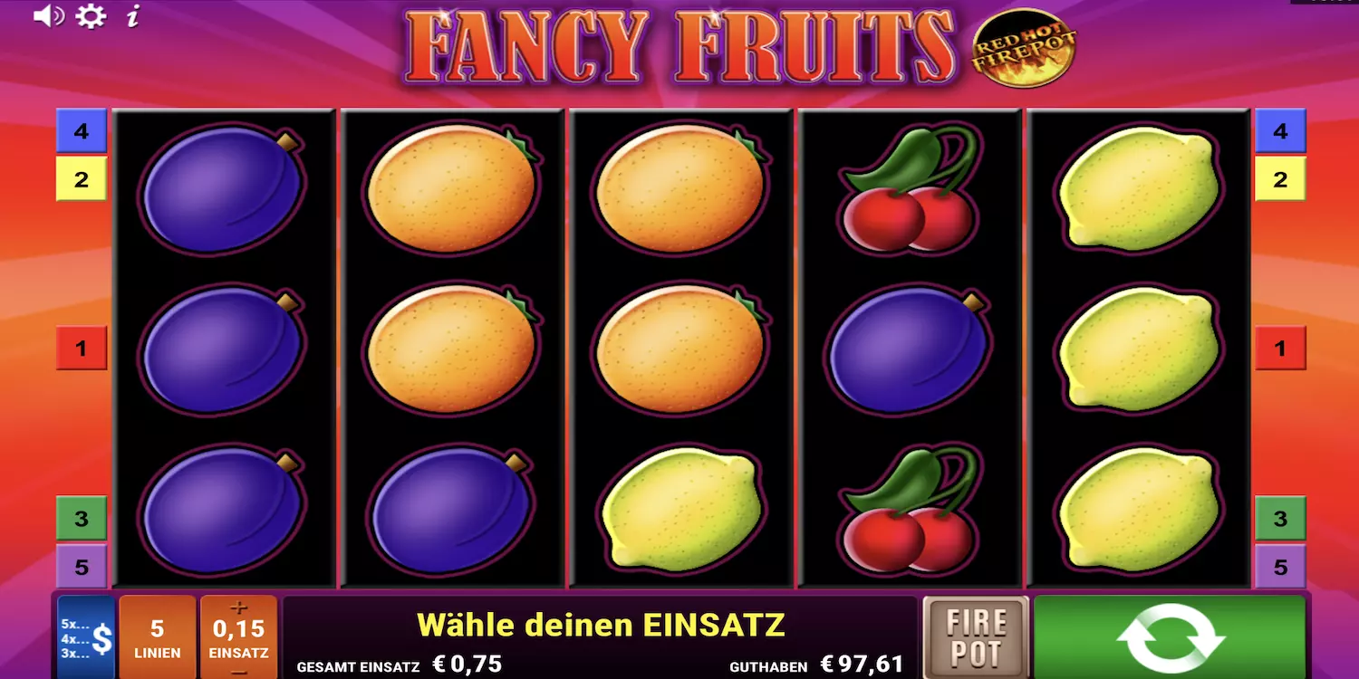 Das Fancy Fruits Red Hot Firepot Spielfeld vor dem ersten Spin. 