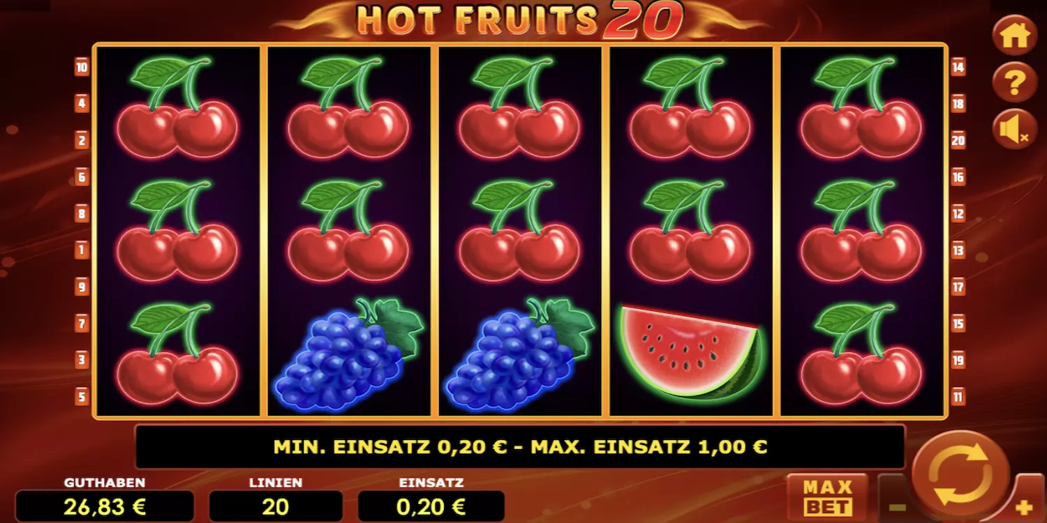 Das Hot Fruits 20 Spielfeld vor dem ersten Spin.