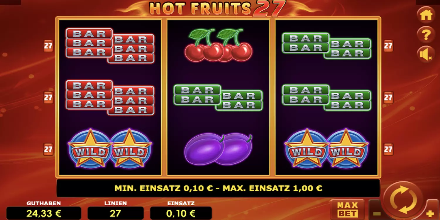 Hot Fruits 27 Spielfeld vor dem ersten Spin.