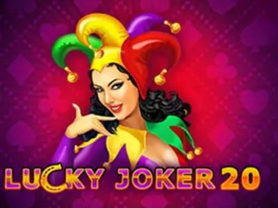 Grinsende Frau mit Joker-Hut über dem Lucky Joker 20 Schriftzug.