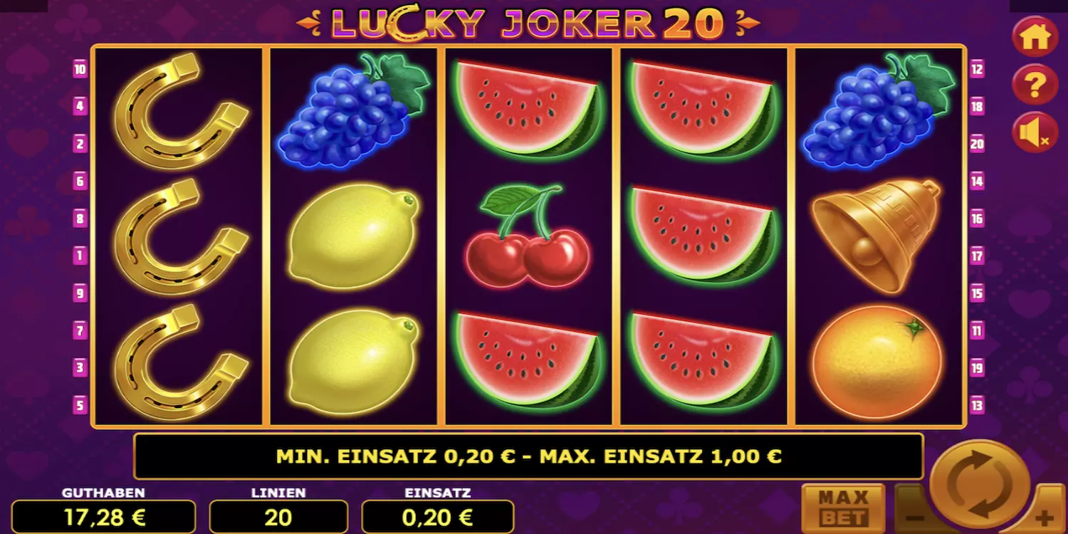 Das Lucky Joker 20 Spielfeld vor dem ersten Spin. 