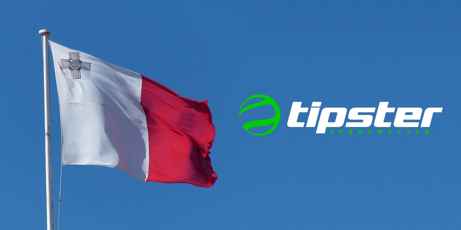 Maltesische Flagge vor blauem Himmel, daneben das Logo von Tipster