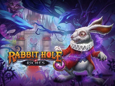 Rennendes Kaninchen mit Taschenuhr in der Hand neben Logo von Rabbit Hole Riches, im Hintergrund ein Schloss