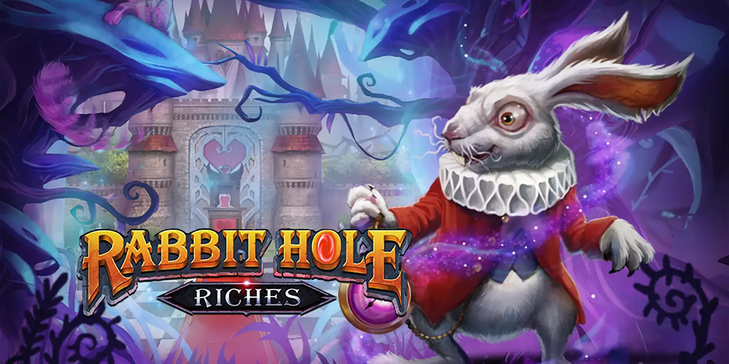 Rennendes Kaninchen mit Taschenuhr in der Hand neben Logo von Rabbit Hole Riches