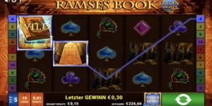 Ein Wild und ein Obelisk führen bei Ramses Book Golden Nights Bonus zum Gewinn.