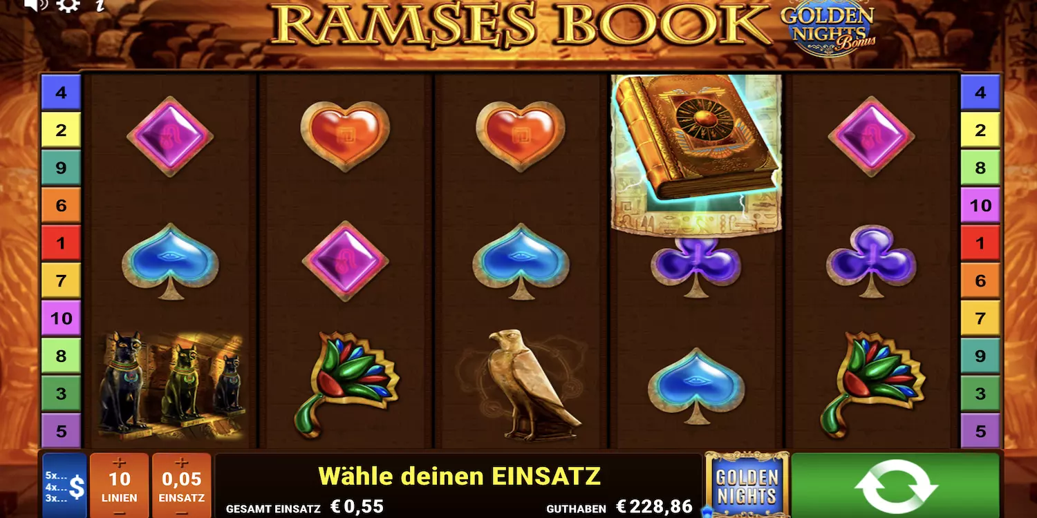 Das Ramses Book Golden Nights Spielfeld vor dem ersten Spin. 