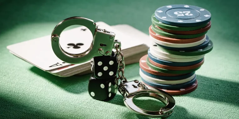 Pokerchips, Würfel, Spielkarten und Handschellen auf einem Spieltisch