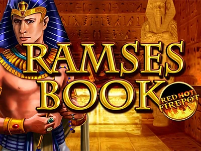 Ramses vor ägyptischem Tempel und mit Schriftzug "Rames Book Red Hot Firepot"