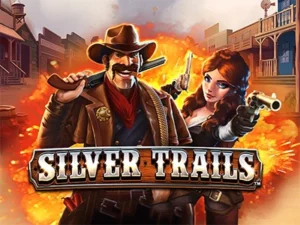 Cowboy und Frau mit Revolver vor Stadt im Wilden Westen, umgeben von Feuer und dem Schriftzug "Silver Trails"