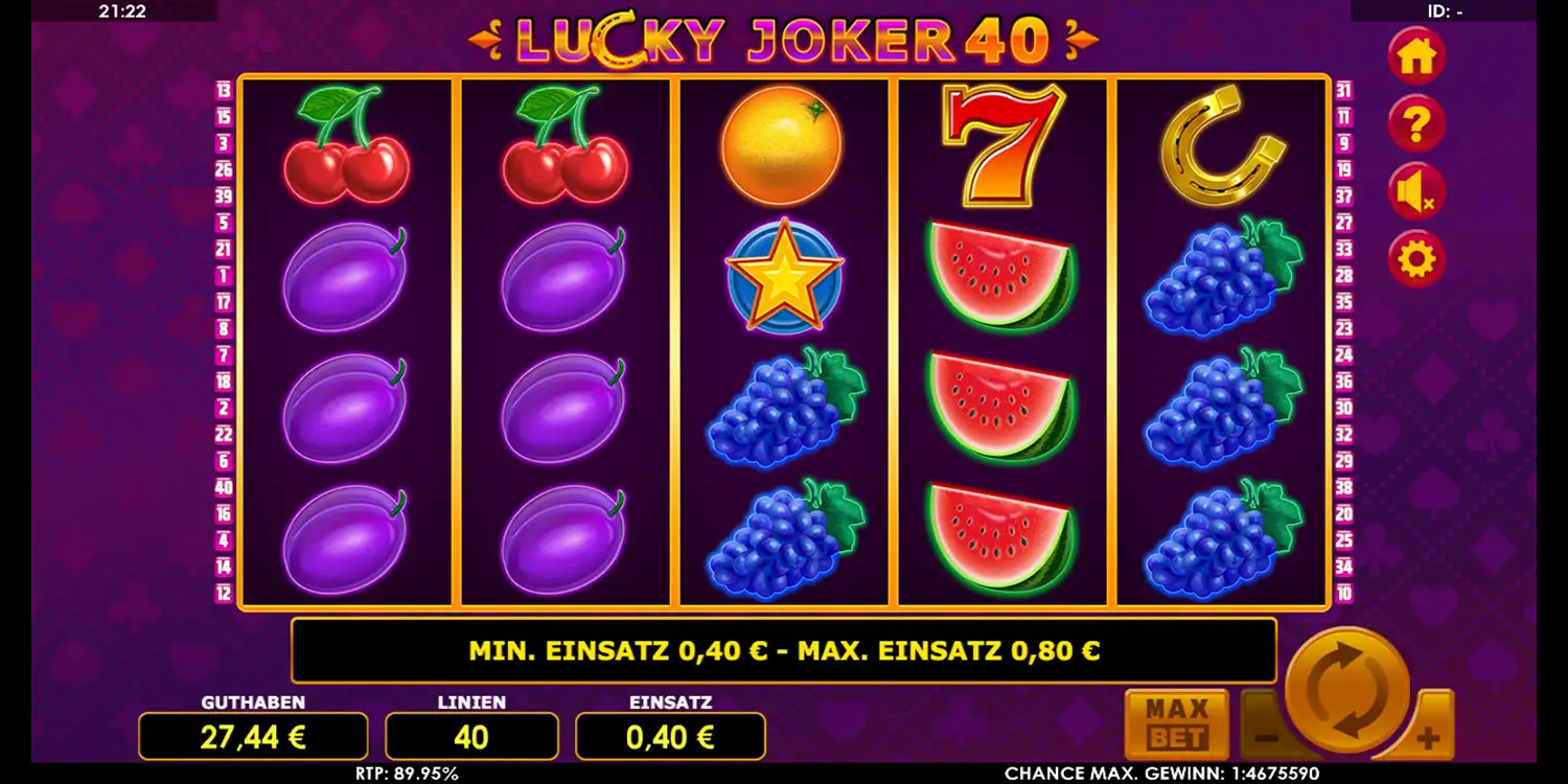 Spieloberfläche bei Lucky Joker 40