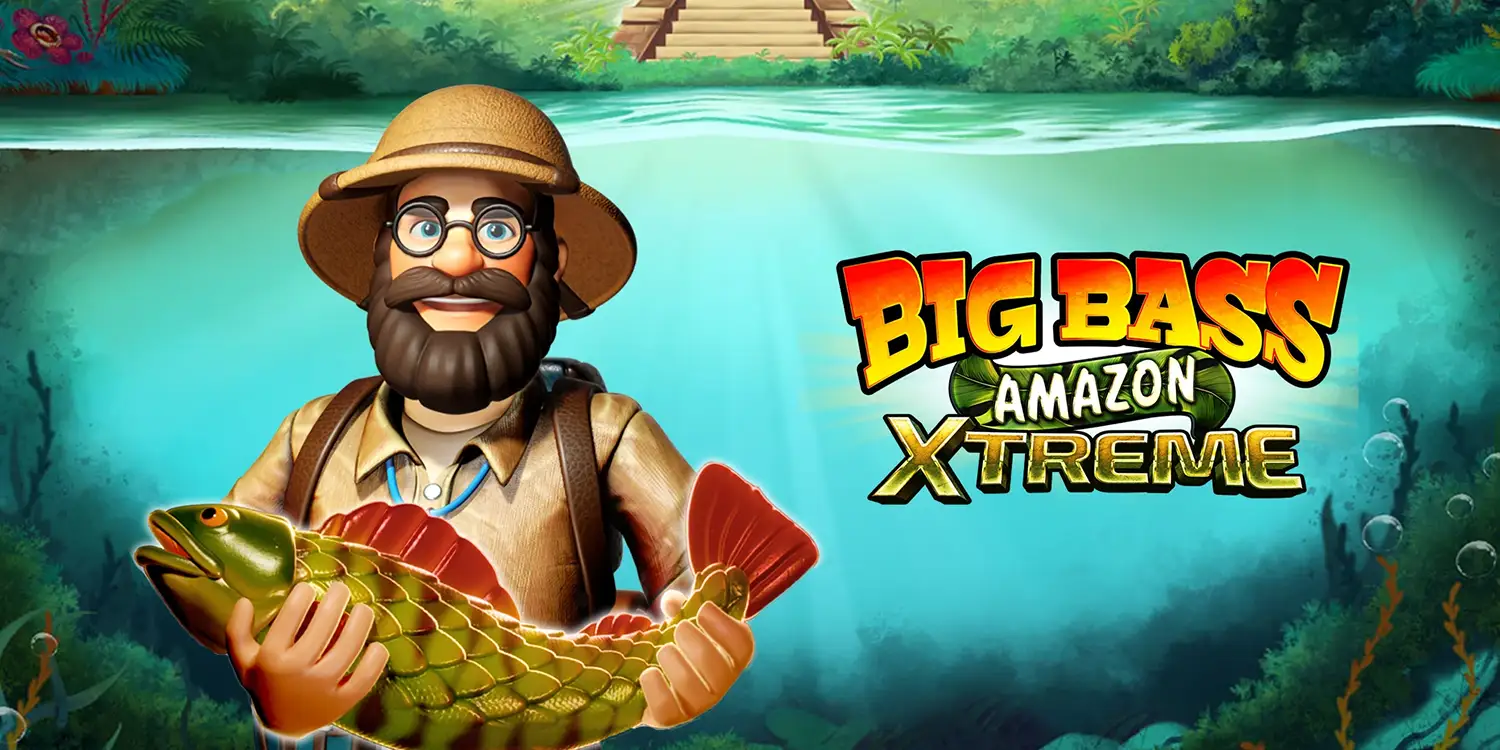 Lächelnder Mann mit Fisch auf dem Arm vor Amazonas-Kulisse und neben Schriftzug "Big Bass Amazon Xtreme"