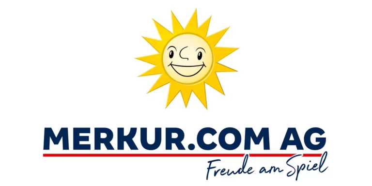 Die lachende Merkur Sonne und der Schriftzug "Merkur.com AG - Freude am Spiel"