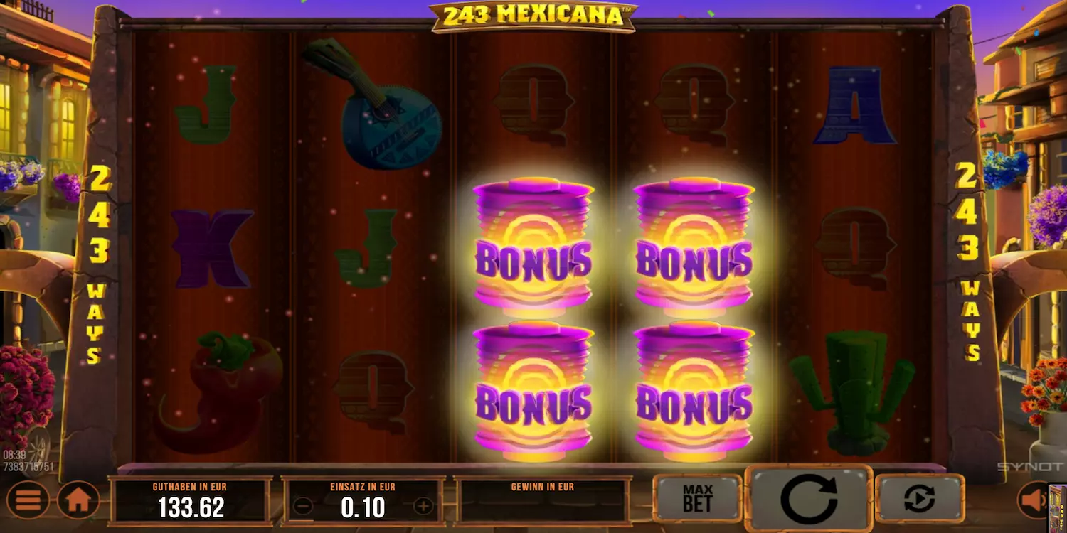 4 Bonussymbole lösen bei 243 Mexicana 4 Freispiele aus.