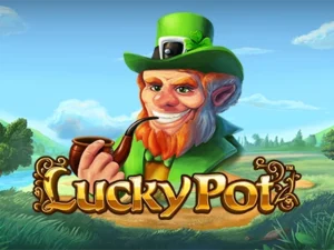 Leprechaun raucht Pfeife neben Schriftzug "Lucky Pot"