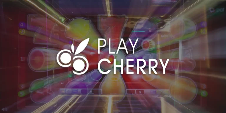 PlayCherry Logo mit Früchte-Symbolen eines Slots im Hintergrund