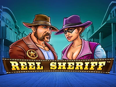 Sheriff und Bandit vor Wild-West-Stadt und mit dem Schriftzug "Reel Sheriff"